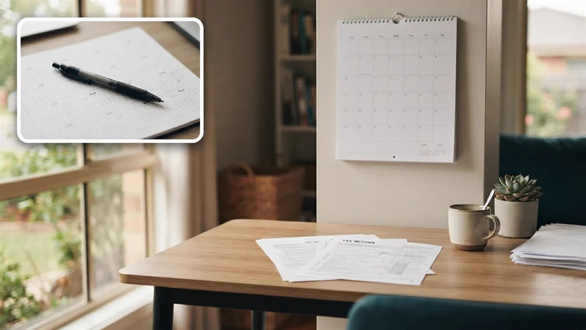 A calendar and a tax return side by side on a desk in an Australian home office